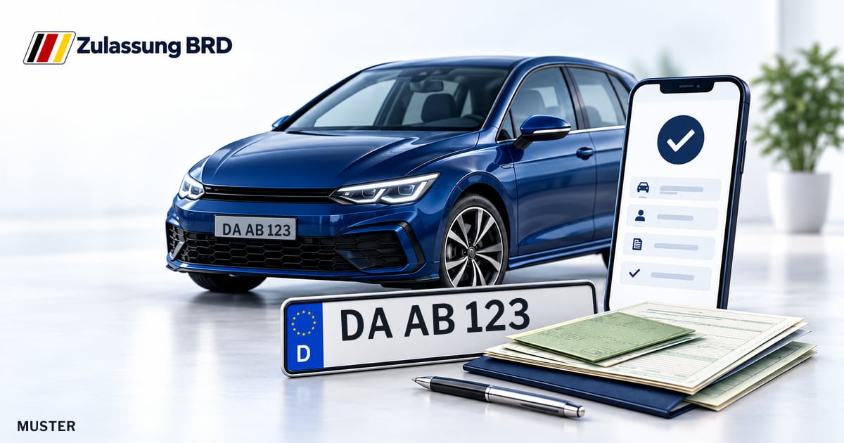 Online Fahrzeugzulassung in Bickenbach: Musterkennzeichen DA AB 123, Auto und Fahrzeugpapiere und Smartphone. Illustration mit Logo von Zulassung BRD.